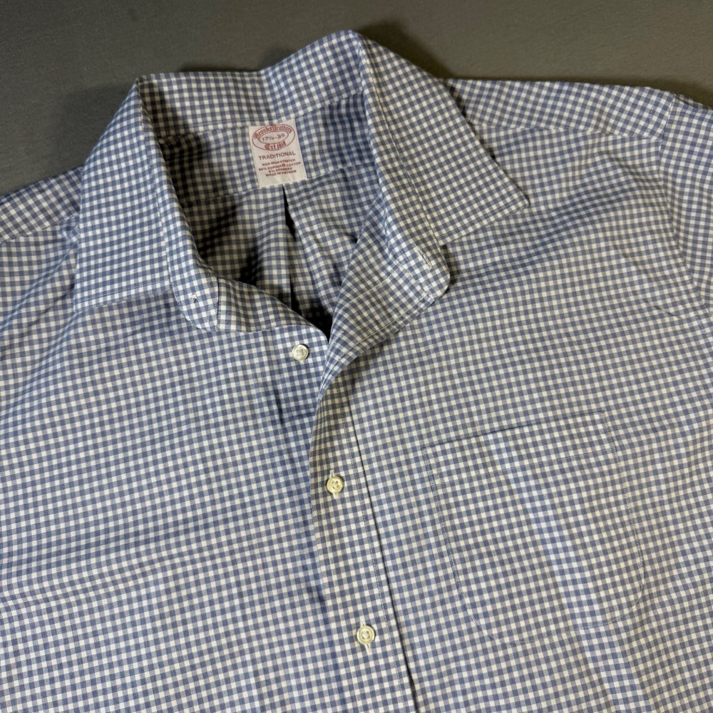 Brooks Brothers Trad Gingham Dress Shirt Mens 17.5 35 Blue Non-Iron Stretch
